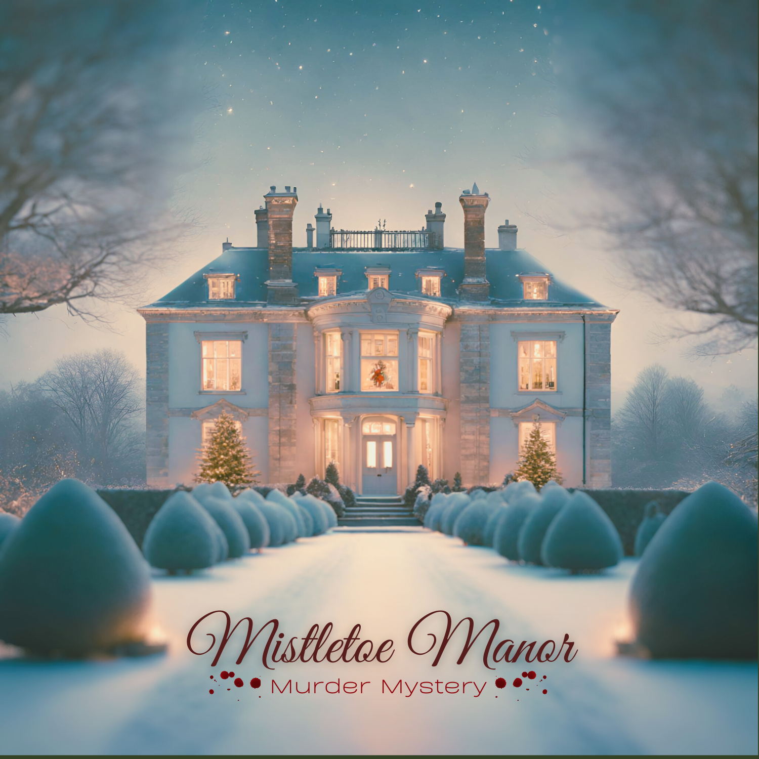 Stately home in a snowy landscape with 'Mistletoe Manor Murder Mystery' text.