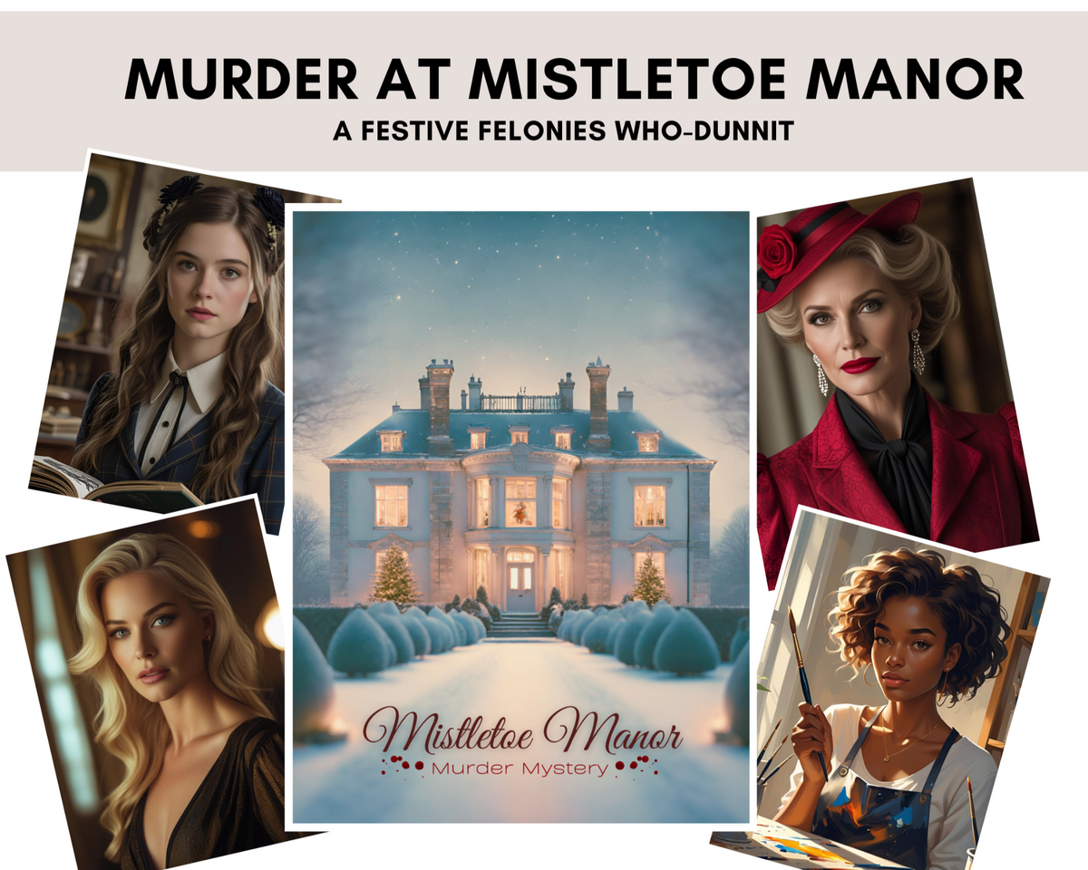 Promotional image for 'Murder at Mistletoe Manor' featuring characters and a manor house.